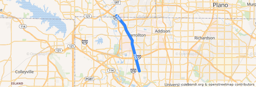 Mapa del recorrido Green Line: North Carrollton/Frankford => Walnut Hill/Denton de la línea  en Dallas County.