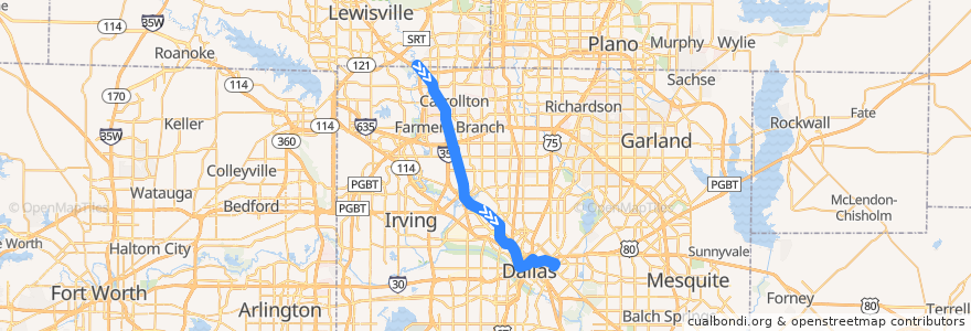 Mapa del recorrido Green Line: North Carrollton/Frankford => Fair Park de la línea  en Dallas County.