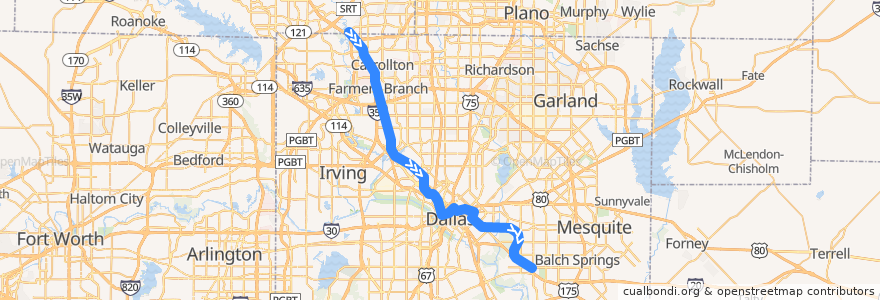 Mapa del recorrido Green Line: North Carrollton/Frankford => Buckner de la línea  en Dallas County.