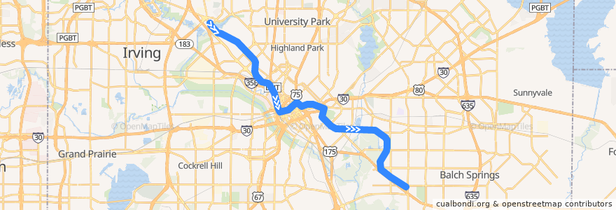 Mapa del recorrido Green Line: Bachman => Buckner de la línea  en Dallas.