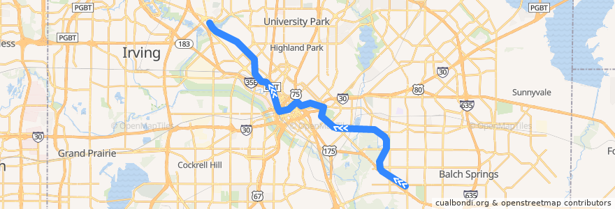 Mapa del recorrido Green Line: Buckner => Bachman de la línea  en Dallas.