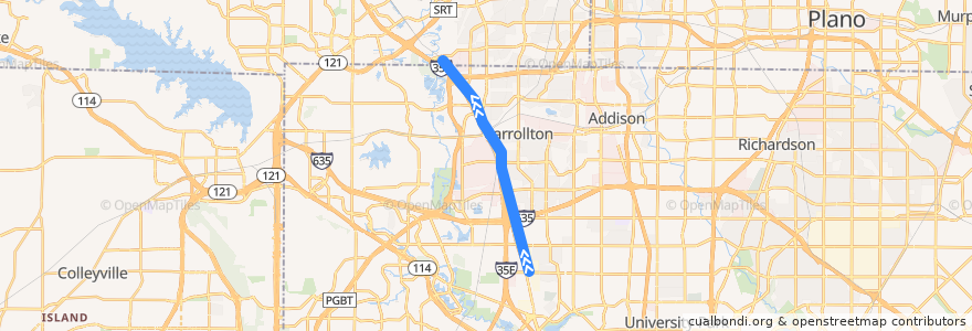 Mapa del recorrido Green Line: Walnut Hill/Denton => North Carrollton/Frankford de la línea  en Dallas County.