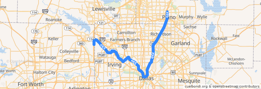 Mapa del recorrido Orange Line: Parker Road => DFW Airport de la línea  en Dallas County.
