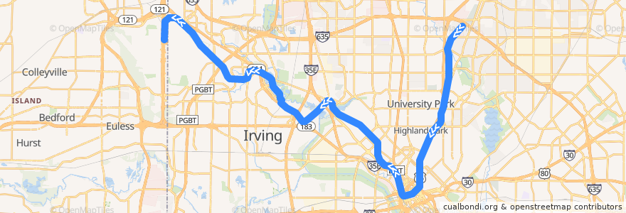 Mapa del recorrido Orange Line: LBJ Central => DFW Airport de la línea  en Dallas County.