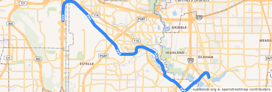 Mapa del recorrido Orange Line: DFW Airport => Bachman de la línea  en Irving.