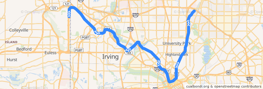Mapa del recorrido Orange Line: DFW Airport => LBJ Central de la línea  en Dallas County.