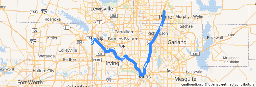 Mapa del recorrido Orange Line: DFW Airport => Parker Road de la línea  en Dallas County.