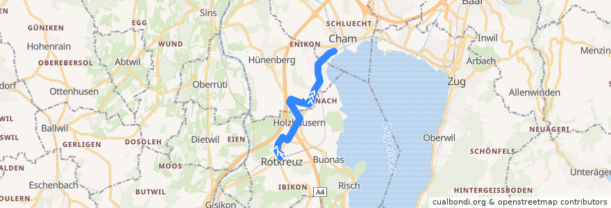 Mapa del recorrido Bus 48: Rotkreuz, Bahnhof Nord => Hünenberg, Bösch => Cham, Bahnhof de la línea  en Zug.