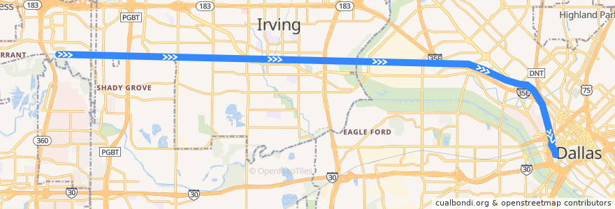 Mapa del recorrido Trinity Railway Express: CentrePort => Dallas de la línea  en Dallas County.