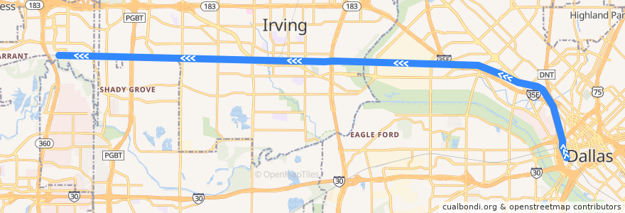 Mapa del recorrido Trinity Railway Express: Dallas => CentrePort de la línea  en Dallas County.