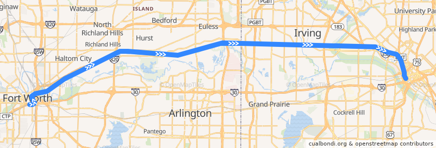 Mapa del recorrido Trinity Railway Express: Fort Worth => Dallas de la línea  en 得克萨斯州 / 德克薩斯州 / 德薩斯州.
