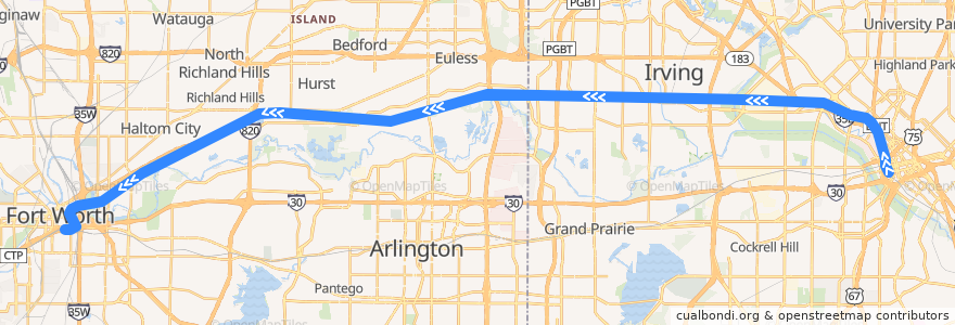Mapa del recorrido Trinity Railway Express: Dallas => Fort Worth de la línea  en 得克萨斯州 / 德克薩斯州 / 德薩斯州.