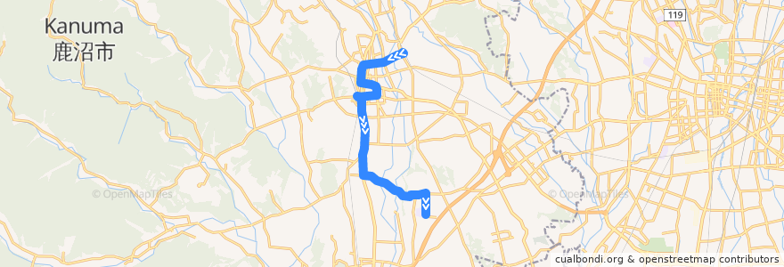 Mapa del recorrido 鹿沼市リーバス鹿沼南高校線 鹿沼駅⇒楡木駅入口⇒鹿沼南高校 de la línea  en 鹿沼市.