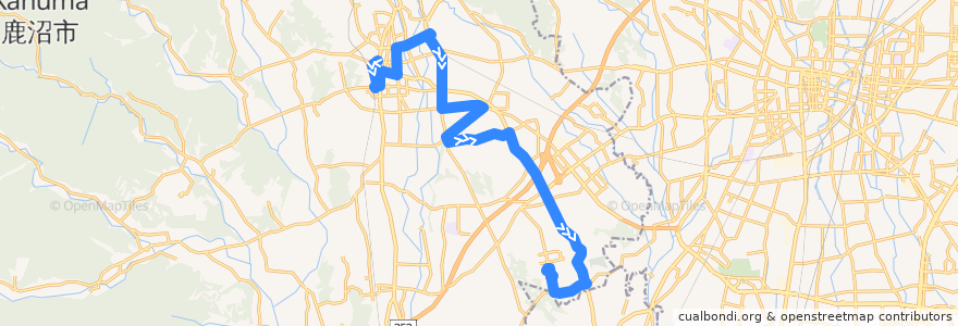 Mapa del recorrido 鹿沼市リーバス運転免許センター線 新鹿沼宿⇒花木センター⇒運転免許センター de la línea  en 鹿沼市.