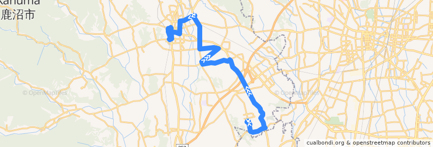 Mapa del recorrido 鹿沼市リーバス運転免許センター線 運転免許センター⇒花木センター⇒新鹿沼宿 de la línea  en 鹿沼市.