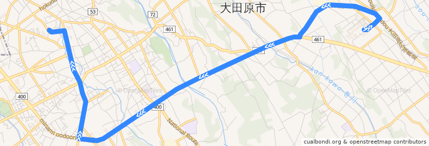 Mapa del recorrido 大田原市営バス 国際医療福祉大学⇒大田原市役所 de la línea  en 栃木県.