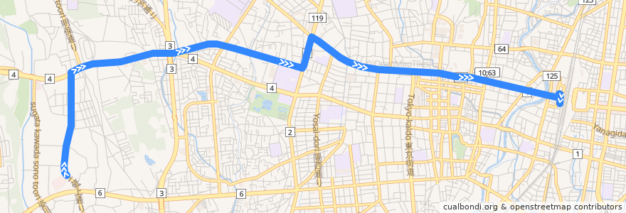 Mapa del recorrido 砥上車庫⇒宇都宮駅 de la línea  en Utsunomiya.