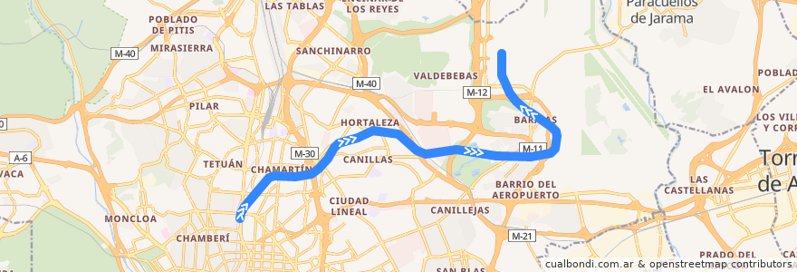 Mapa del recorrido Línea 8: Nuevos Ministerios-Aeropuerto T4 de la línea  en Madrid.