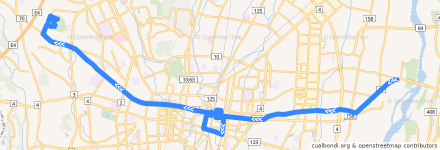 Mapa del recorrido 関東自動車バス[10] 柳田車庫⇒中平出・健康の森⇒駒生営業所 de la línea  en 宇都宮市.