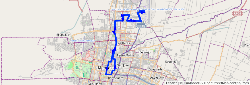 Mapa del recorrido 63 - Independencia - Patricias Mendocinas - Aeropuerto de la línea G06 en Mendoza.