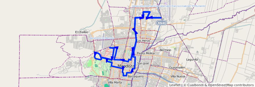 Mapa del recorrido 63 - Independencia - Patricias Mendocinas - Hospital - U.N.C. - Casa de Gob. de la línea G06 en Мендоса.