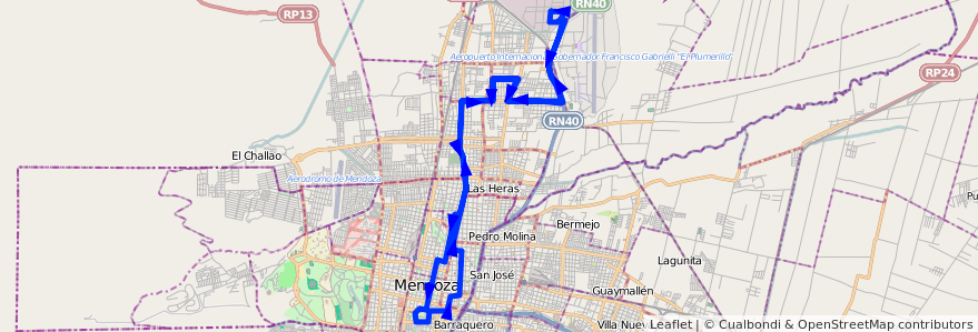 Mapa del recorrido 63 - Independencia - Patricias Mendocinas - Parque Industrial - Casa de Gob.  de la línea G06 en Mendoza.