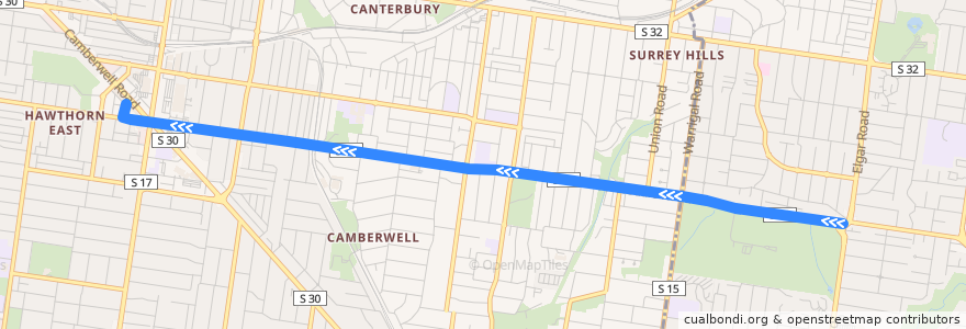 Mapa del recorrido Tram 70d: Wattle Park => Camberwell Depot de la línea  en Melbourne.