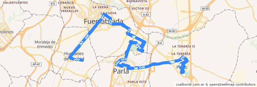 Mapa del recorrido 471: Humanes de Madrid - Fuenlabrada - Parla - Pinto de la línea  en Comunidad de Madrid.