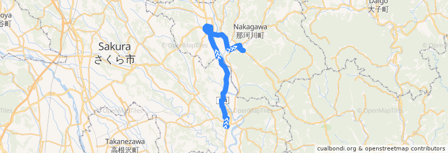 Mapa del recorrido 那珂川町コミュニティバス馬頭烏山線 JR烏山駅⇒馬頭高校⇒那珂川町役場 de la línea  en Tochigi Prefecture.