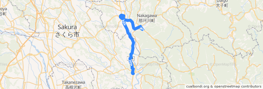 Mapa del recorrido 那珂川町コミュニティバス馬頭烏山線 那珂川町役場⇒馬頭高校⇒JR烏山駅 de la línea  en 栃木県.