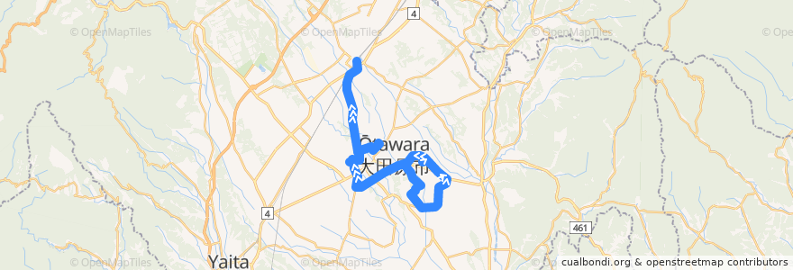 Mapa del recorrido 大田原市営バス 国際医療福祉大学（鹿畑方面）⇒大田原市役所・那須赤十字病院⇒那須塩原駅 de la línea  en 大田原市.