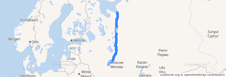 Mapa del recorrido Поезд № 318М: Москва — Архангельск de la línea  en Rusia.