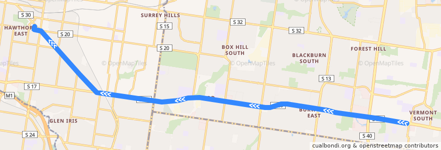 Mapa del recorrido Tram 75d: Vermont South Shopping Centre => Camberwell Depot de la línea  en Melbourne.