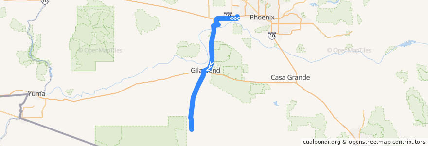 Mapa del recorrido bus Ajo/Gila Bend to Phoenix IB de la línea  en Maricopa County.