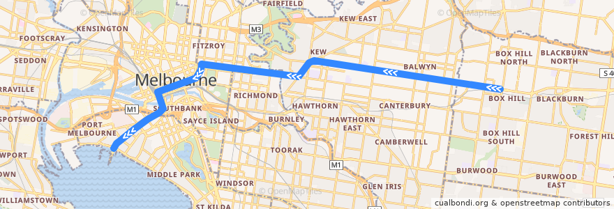 Mapa del recorrido Tram 109: Box Hill Central Shopping Centre => Port Melbourne de la línea  en Melbourne.