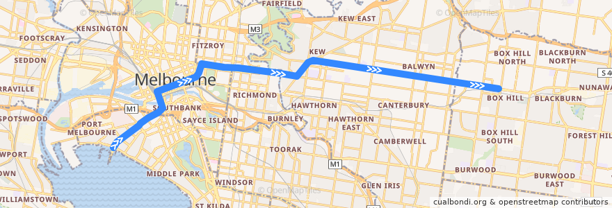 Mapa del recorrido Tram 109: Port Melbourne => Box Hill Central Shopping Centre de la línea  en Мельбурн.