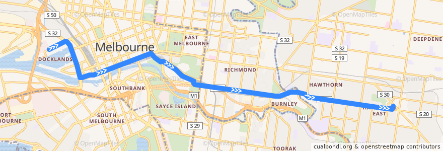 Mapa del recorrido Tram 70d: Waterfront City => Camberwell Depot de la línea  en Melbourne.