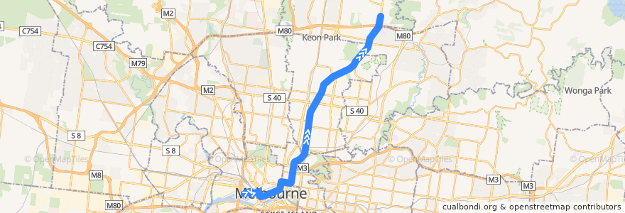 Mapa del recorrido Tram 86: Waterfront City => RMIT University Bundoora Campus de la línea  en Melbourne.