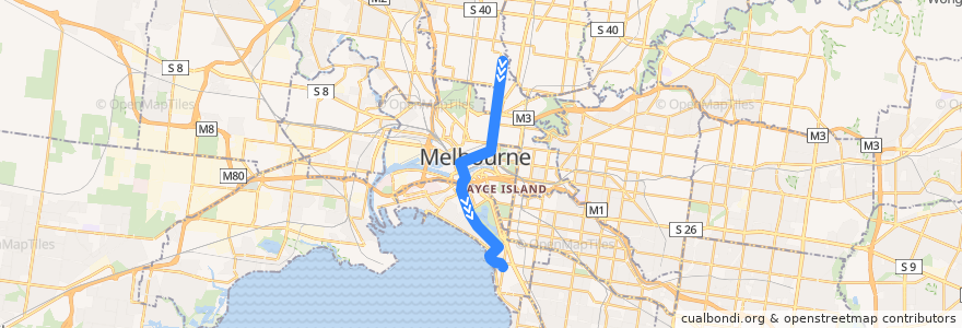 Mapa del recorrido Tram 96: East Brunswick => St Kilda Beach de la línea  en Melbourne.