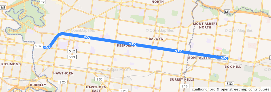 Mapa del recorrido Tram 109d: Box Hill Central Shopping Centre => Kew Depot de la línea  en City of Boroondara.