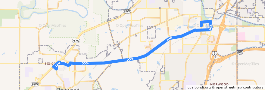 Mapa del recorrido Bus 97: Southwest Langer Drive/Sherwood Plaza => Tualatin WES Station de la línea  en Washington County.
