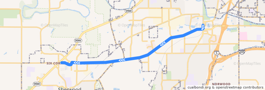 Mapa del recorrido Bus 97: Tualatin WES Station => Southwest Langer Drive/Sherwood Plaza de la línea  en Washington County.