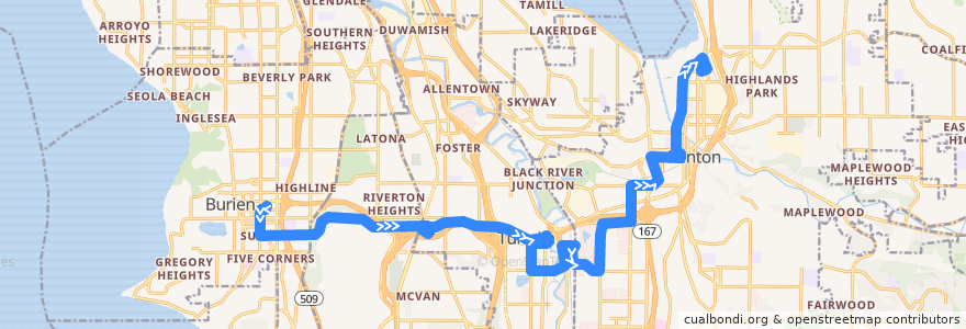 Mapa del recorrido Route F Line: Renton The Landing Southcenter de la línea  en King County.
