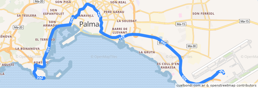 Mapa del recorrido Bus 1: Aeroport → Port de la línea  en Palma.