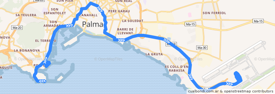 Mapa del recorrido Bus 1: Port → Aeroport de la línea  en Palma.