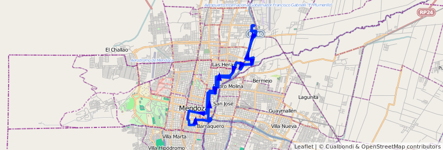 Mapa del recorrido 64 - UJEMVI - Casa de Gob. de la línea G06 en Mendoza.