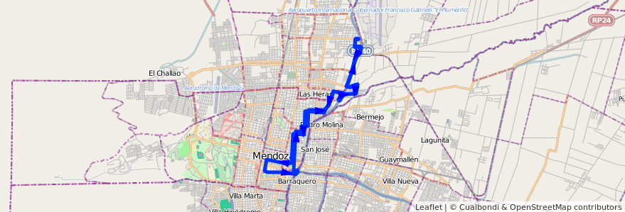 Mapa del recorrido 64 - UJEMVI de la línea G06 en Mendoza.