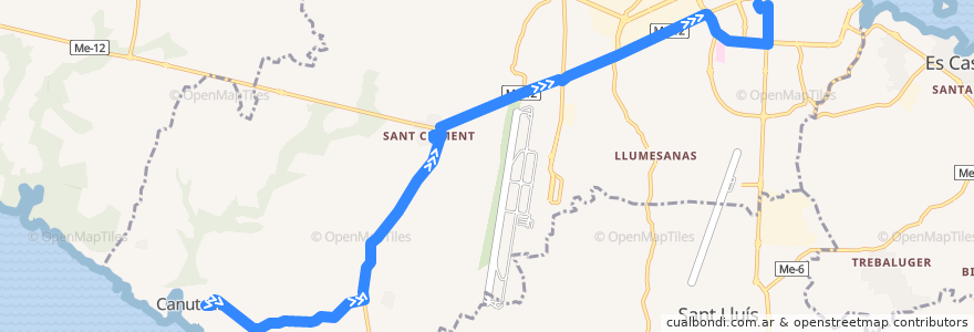 Mapa del recorrido Bus 22: Es Canutells → Maó de la línea  en Maó.