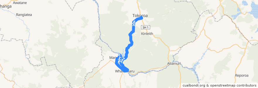 Mapa del recorrido Mangakino to Tokoroa de la línea  en ワイカト.