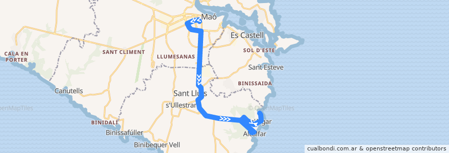 Mapa del recorrido Bus 91: Maó → S'Algar de la línea  en Menorca.